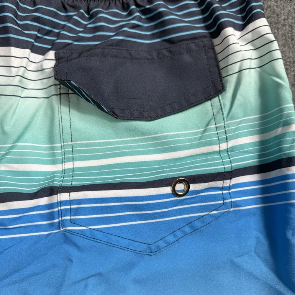 Aptro Men's Blue‎ Ombre Striped Swim Trunks Board Shorts Drawstring Pockets